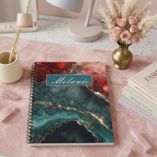 Chic teal red gold crystal Personalised Notebook
