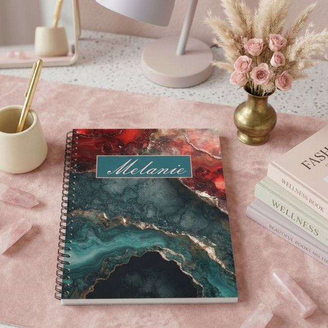 Chic teal red gold crystal Personalised Notebook (Creator Uploaded)