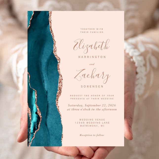 Chic Teal Rose Gold Agate Blush Pink Wedding Invitation (Creator Uploaded)