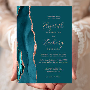 Chic Teal Rose Gold Agate Wedding Invitation