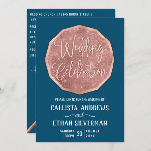 Chic Teal Rose Gold Glitter Polygon Geo Wedding Invitation