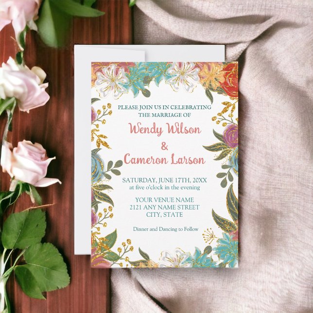 Chic Teal Rust Floral Wedding Invitation (Creator Uploaded)