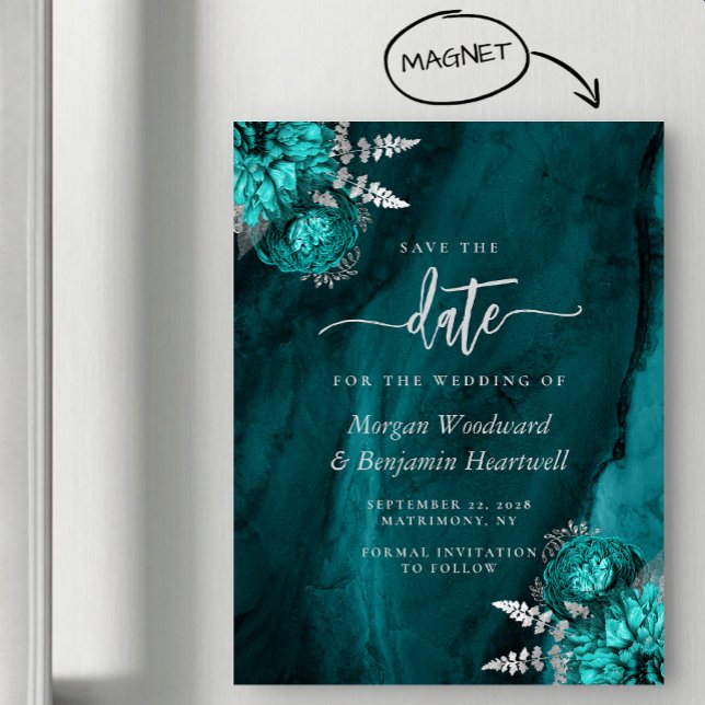 Chic Teal Silver Floral Wedding Save the Date Magnetic Invitation (Creator Uploaded)