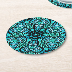 Chic Teal Turquoise Retro Oriental Mosaic Pattern Round Paper Coaster