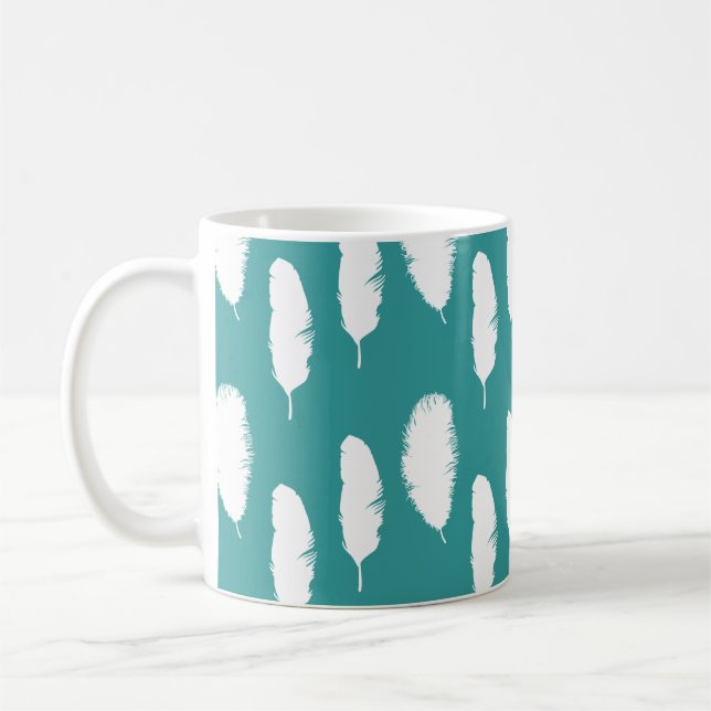 Chic Teal White Feathers Coffee Mug (Left)