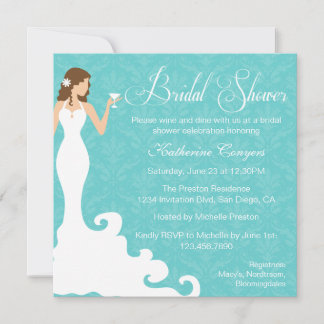 Chic Teal Wine Damask Bridal Shower Invitation