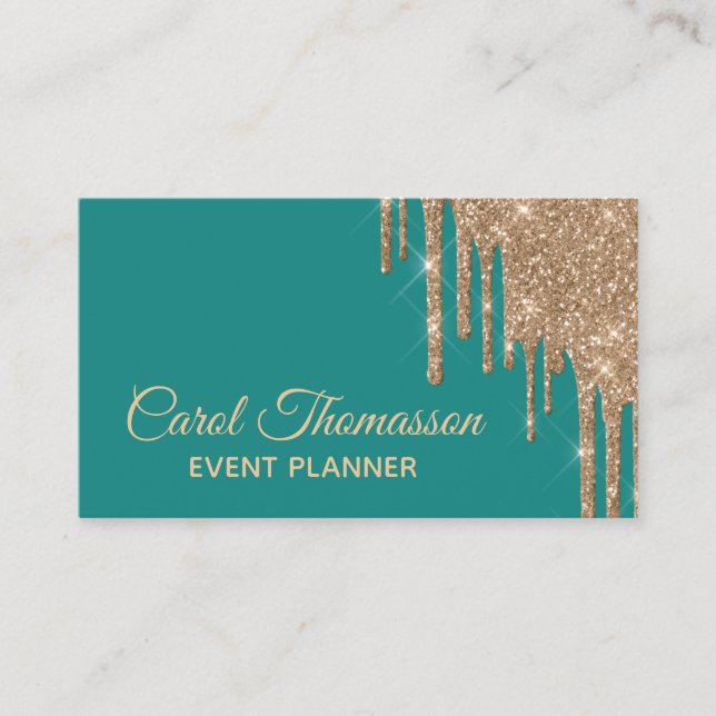 Chic Teal with Dripping Gold Business Card (Front)