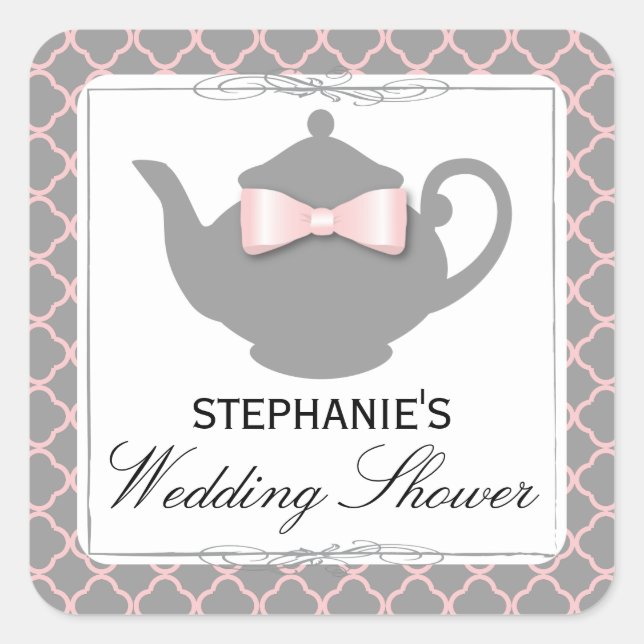 Chic Teapot Pink + Grey Bridal Shower Tea Sticker (Front)