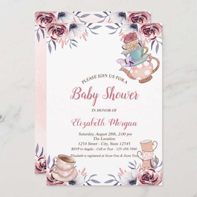 Chic Teapot Tea cup Floral Tea Party Baby Shower  Invitation (Front/Back)