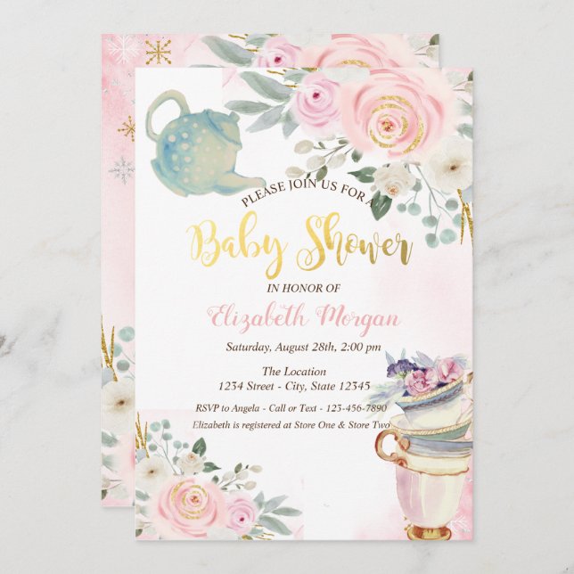 Chic Teapot Tea cup Pink Flowers Baby Shower   Invitation (Front/Back)