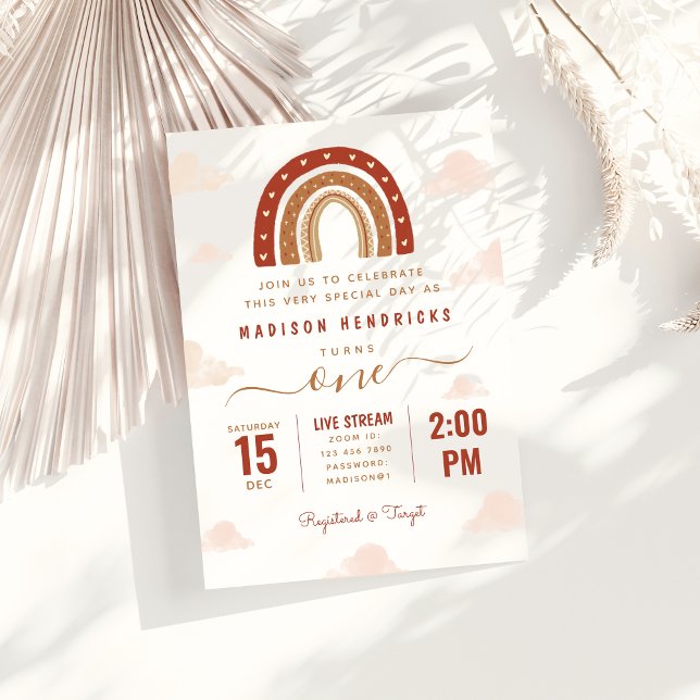 Chic Terracotta Boho Rainbow Clouds Birthday Invitation (Creator Uploaded)