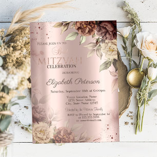 Chic Terracotta Roses Rose Gold Bat Mitzvah  Invitation