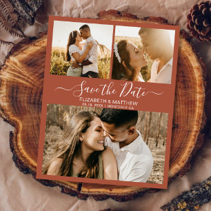 Chic Terracotta Script Photo Collage Save The Date Announcement Postcard