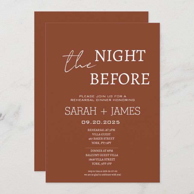 Chic Terracotta the Night Before Rehearsal Dinner  Invitation (Front/Back)