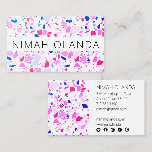 Chic Terrazzo Elegant Handmade Simple Purple Blue Business Card (Front/Back)