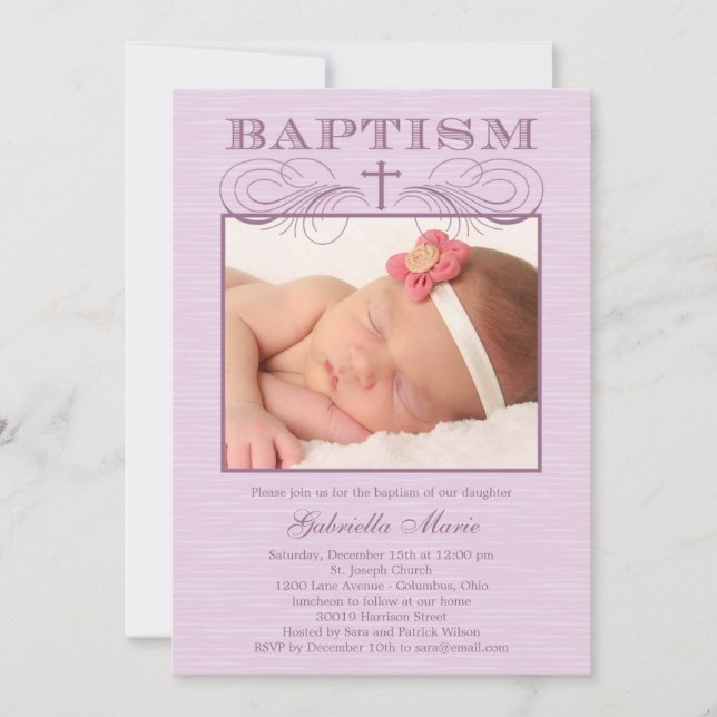 Chic Texture Photo Baptism Invitation - Purple (Front)
