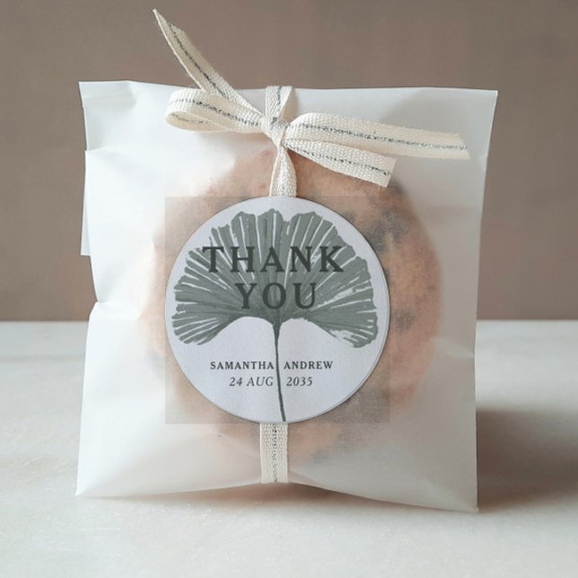 Chic Thank You Sage Green Ginkgo Wedding Favour  Classic Round Sticker (Creator Uploaded)