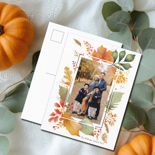 Chic Thanksgiving Family Photo Fall Leaf Border Holiday Postcard