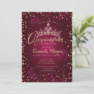 Chic Tiara,Diamonds Burgundy Quinceañera  Invitation