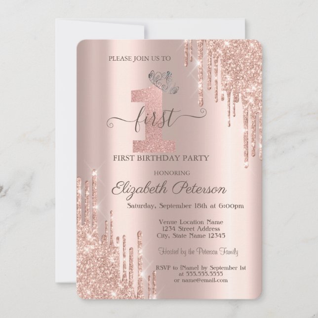 Chic Tiara Rose Gold Drips 1st Birthday Invitation (Front)