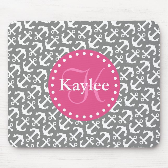Chic Tilted Anchors Pattern Grey Pink Mouse Pad (Front)