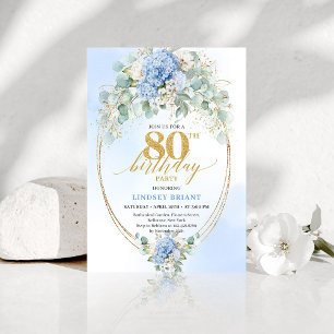 Chic Timeless Blue Hydrangea Floral 80th Birthday Invitation