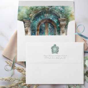 Chic Timeless Green, Blue, Teal Wedding Monogram Envelope