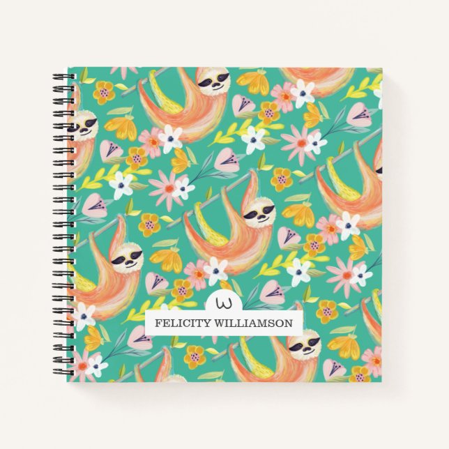Chic Topical Vibes Jungle Sloth & Floral Pattern Notebook (Front)
