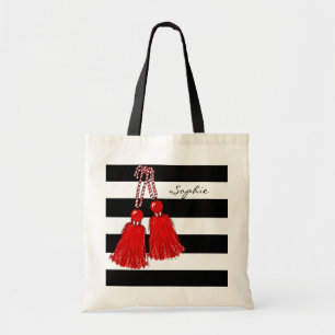 CHIC TOTE_CHRISTMAS RED TASSELS_BLACK STRIPES TOTE BAG