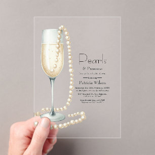 Chic Transparent Pearls and Prosecco Bridal Shower Acrylic Invitations