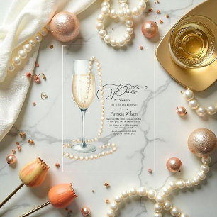 Chic Transparent Pearls and Prosecco Bridal Shower Acrylic Invitations