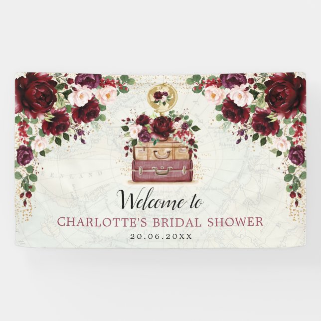 Chic Travel Burgundy Floral Bridal Shower Welcome Banner (Horizontal)