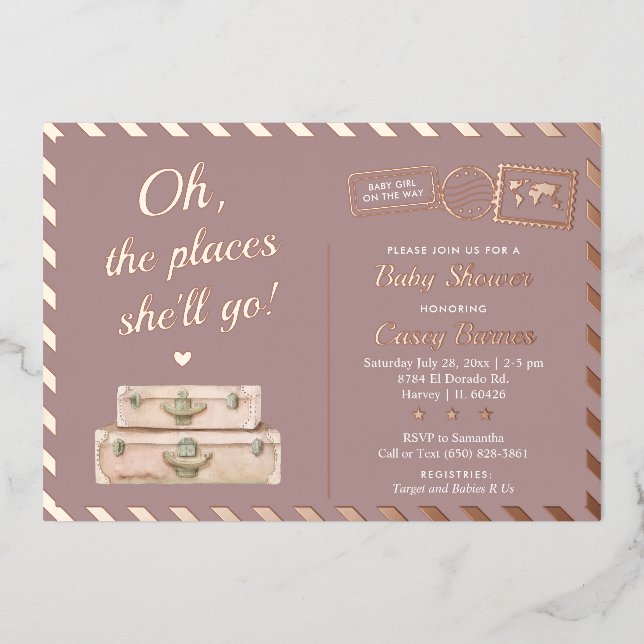 Chic Travel Rose Gold Places She'll Go Baby Shower (Front)