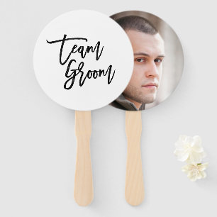 Chic Trendy Black Brush Script Team Groom Hand Fan