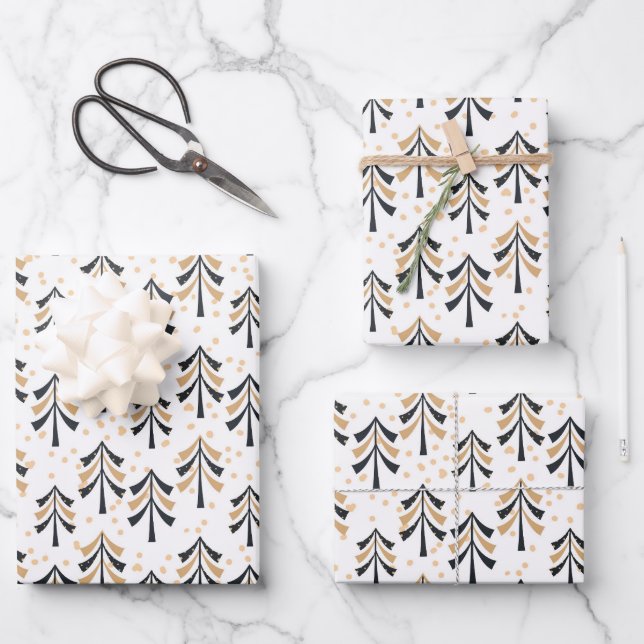 Chic Trendy Black Gold Christmas Trees Holiday  Wrapping Paper Sheet (Front)