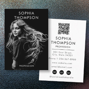 Chic Trendy Black White Professional Photo QR Code Business Card