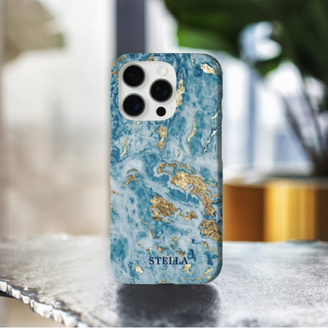 Chic Trendy Blue Gold Texture Personalised Case-Mate iPhone Case (Get elegant, chic, and fashionable with the trendy blue-gold marble texture art nail wrap design. )