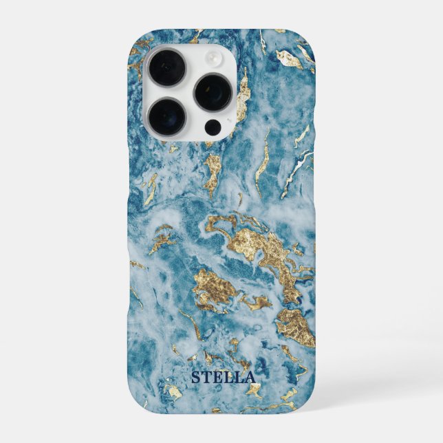 Chic Trendy Blue Gold Texture Personalised iPhone Case (Back)