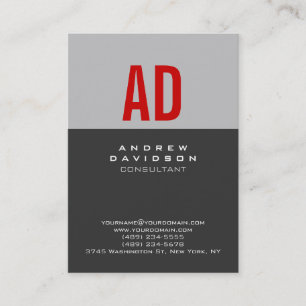 Chic Trendy Grey Stripe Red Monogram Business Card