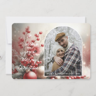 Chic Trendy Red Floral Berries Holiday Ornaments Card