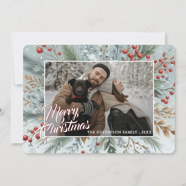 Chic Trendy Red Floral Berries Holiday Wreath Card (Front)