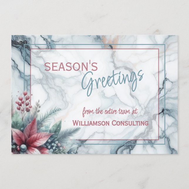 Chic Trendy Red Floral Berries On Teal Blue Marble Holiday Card (Front)