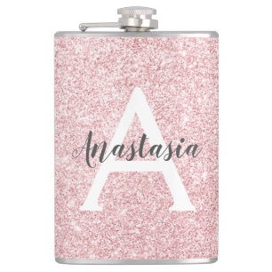 Chic & Trendy Rose Gold Glitter Sparkles Monogram Hip Flask