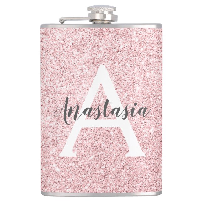 Chic & Trendy Rose Gold Glitter Sparkles Monogram Hip Flask (Front)