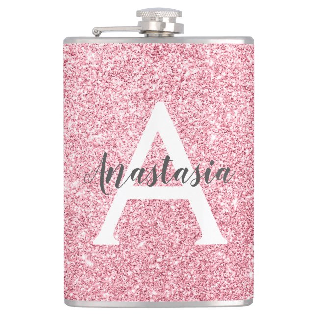 Chic & Trendy Rose Gold Glitter Sparkles Monogram Hip Flask (Front)