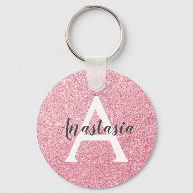 Chic & Trendy Rose Gold Glitter Sparkles Monogram Key Ring (Front)
