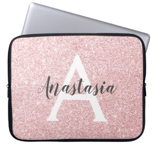 Chic & Trendy Rose Gold Glitter Sparkles Monogram Laptop Sleeve