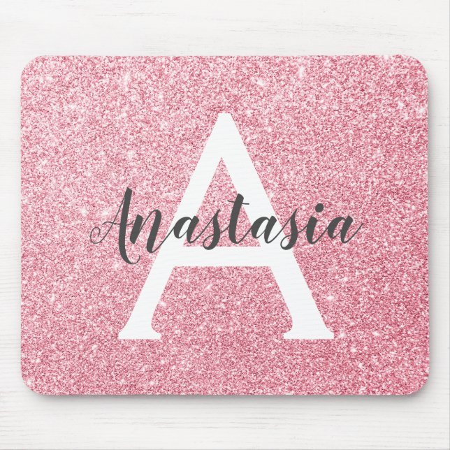 Chic & Trendy Rose Gold Glitter Sparkles Monogram Mouse Pad (Front)