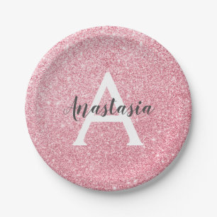 Chic & Trendy Rose Gold Glitter Sparkles Monogram Paper Plate