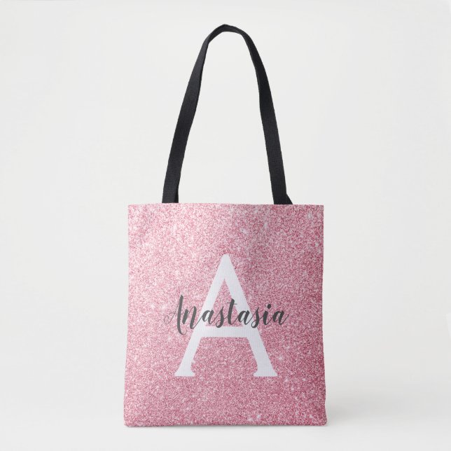Chic & Trendy Rose Gold Glitter Sparkles Monogram Tote Bag (Front)